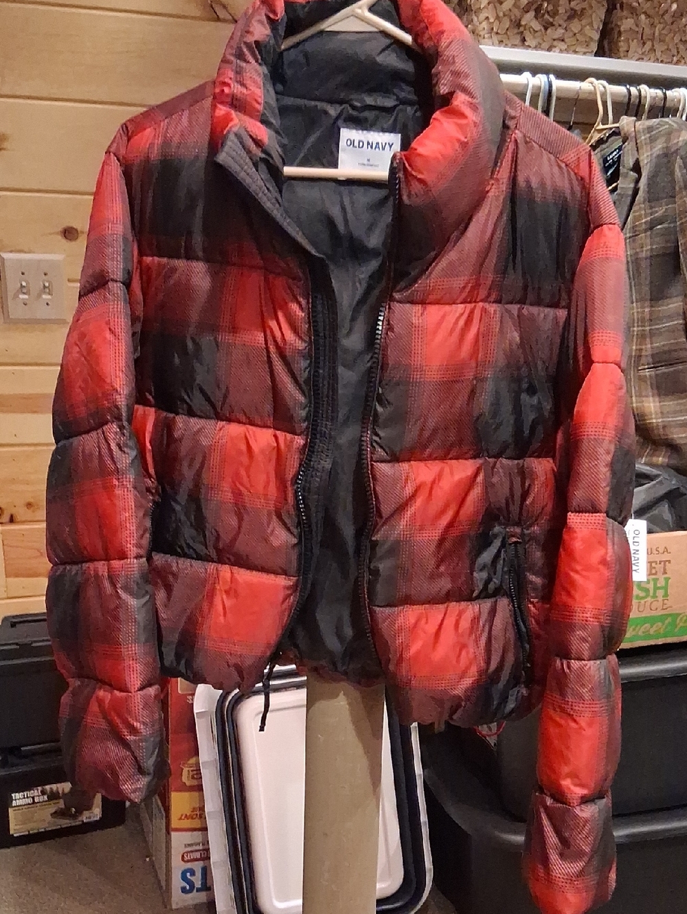 Old Navy Red and Black Plaid Puffer Coat